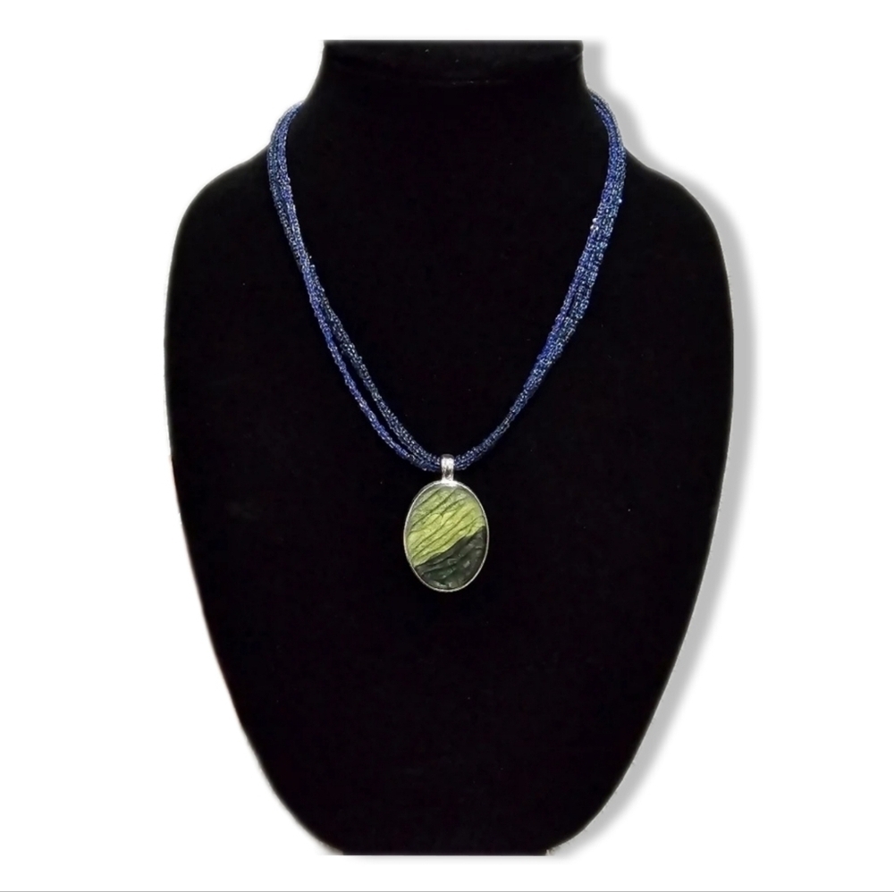 KENNETH COLE Nwot Blue Seed Bead Statement Necklace with Green Enamel Pendant